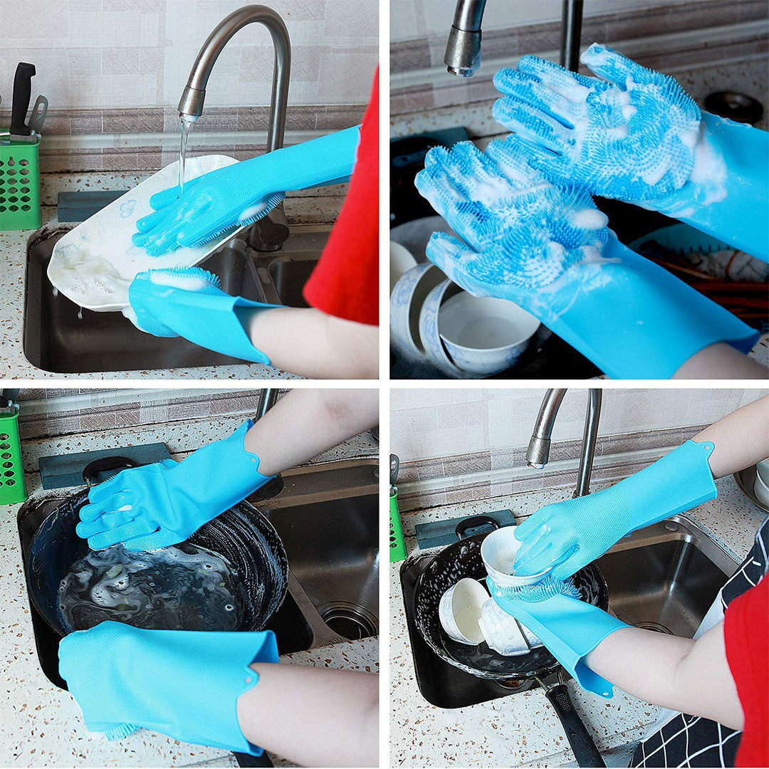 Dish clening gloves for kitchen cleaning With Scrubber Reusable Heat &amp; Water Resistant Wet and Dry Glove